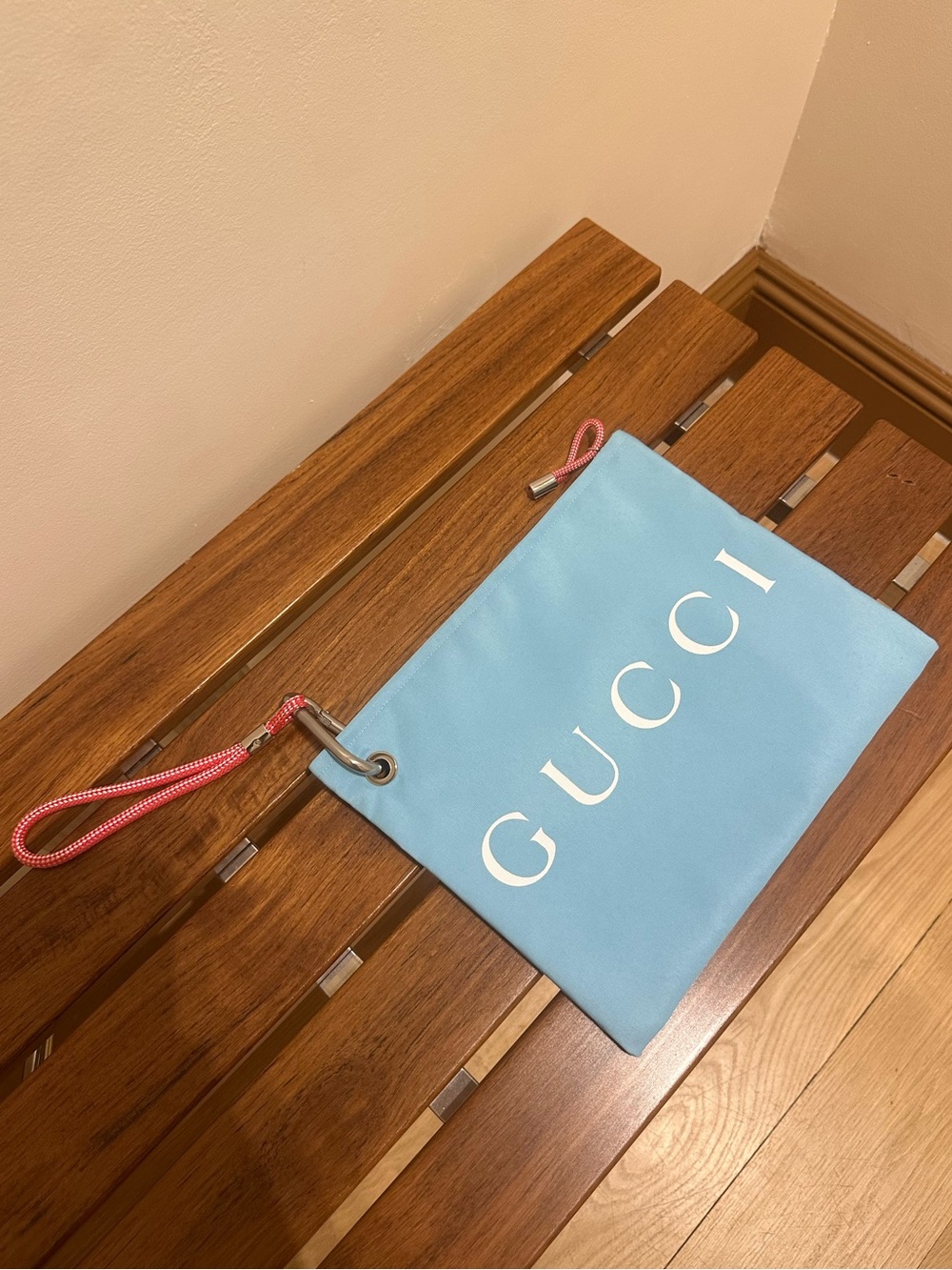 Gucci Light Blue Wristlet Pouch with Red Strap